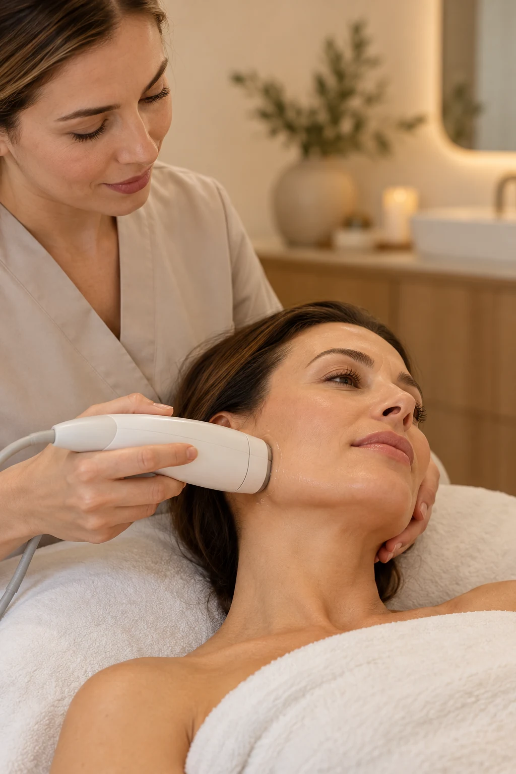 Aplicação estética de ultrassom microfocado na linha mandibular